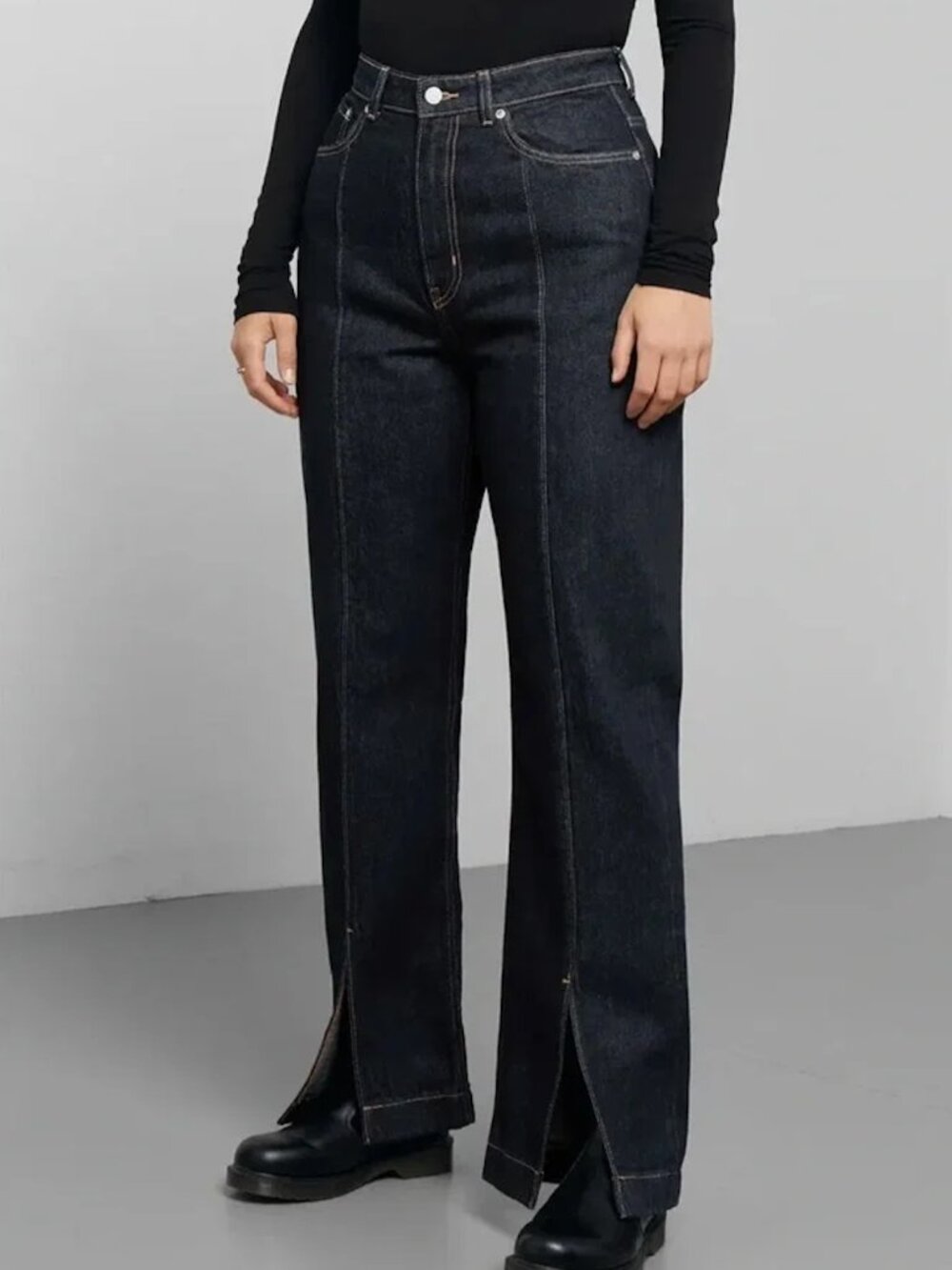 Weekday Dark High Rise Jeans with Gold Stitching